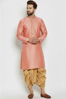 Peach embroidered dupion art silk kurta set 1