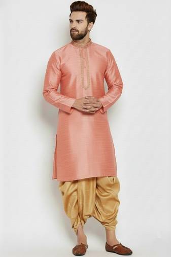 Peach embroidered dupion art silk kurta set