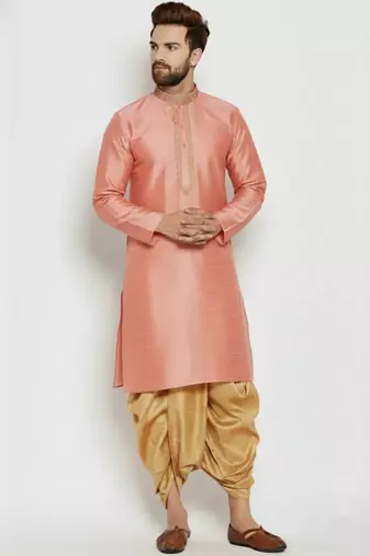 Peach embroidered dupion art silk kurta set
