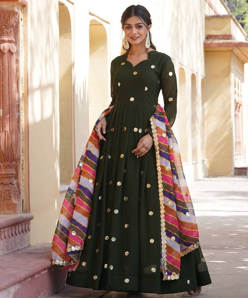 Green Faux Blooming Embroidered Gown     Wedding & Festive Wear