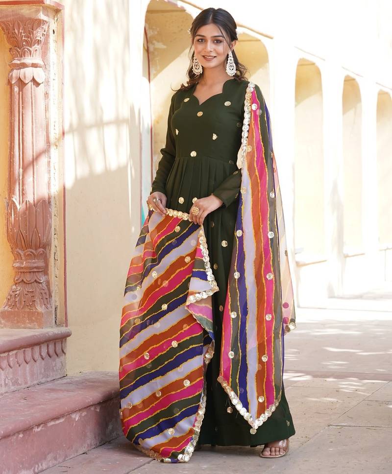 Green Faux Blooming Embroidered Gown     Wedding & Festive Wear