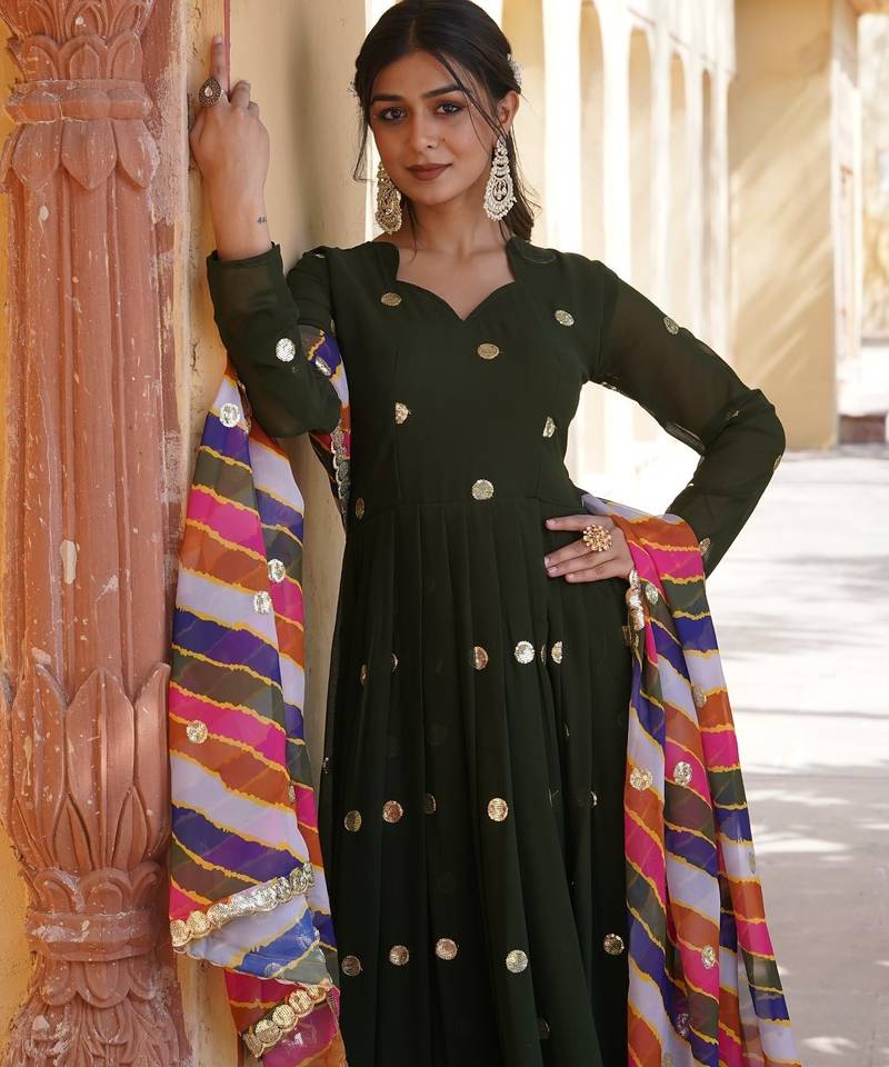 Green Faux Blooming Embroidered Gown     Wedding & Festive Wear