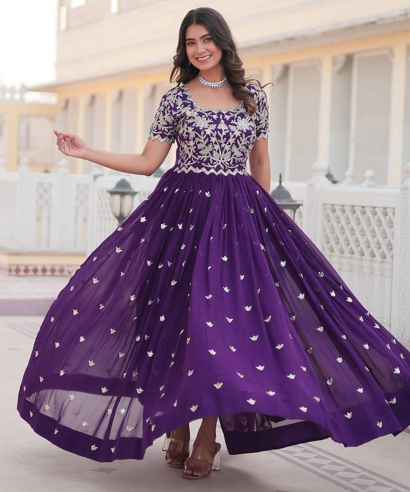 KumariArt Faux Blooming Sequin Embroidered Stitched Gown     Purple, Party Wear