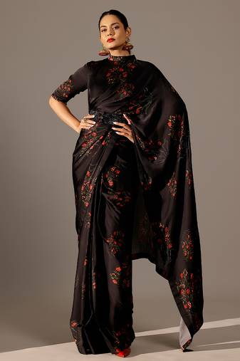 Black printed georgette saree