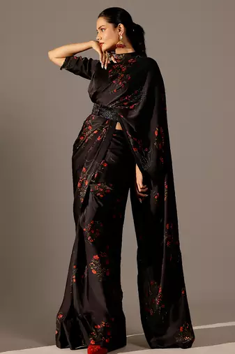 Black printed georgette saree