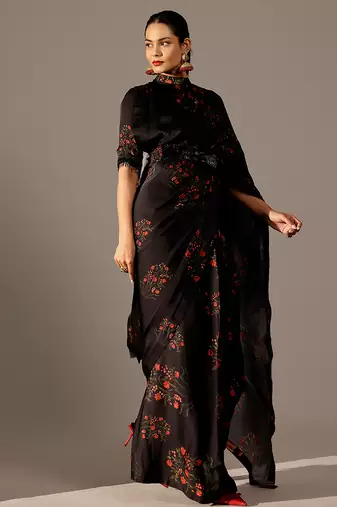 Black printed georgette saree