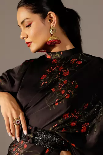 Black printed georgette saree