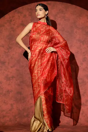 Red printed georgette saree