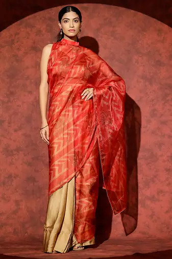 Red printed georgette saree