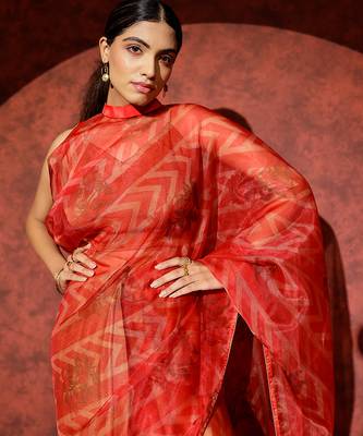 Red printed georgette saree 3