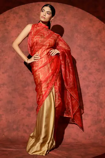 Red printed georgette saree