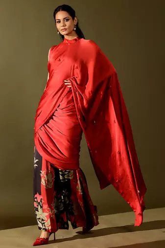 Red printed georgette saree