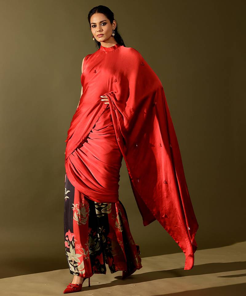 Red printed georgette saree