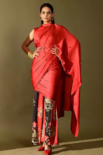 Red printed georgette saree