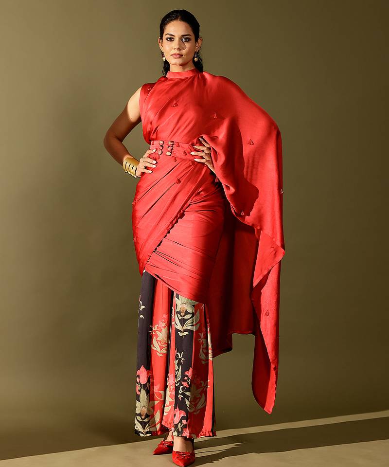 Red printed georgette saree
