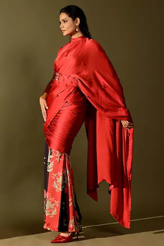 Red printed georgette saree