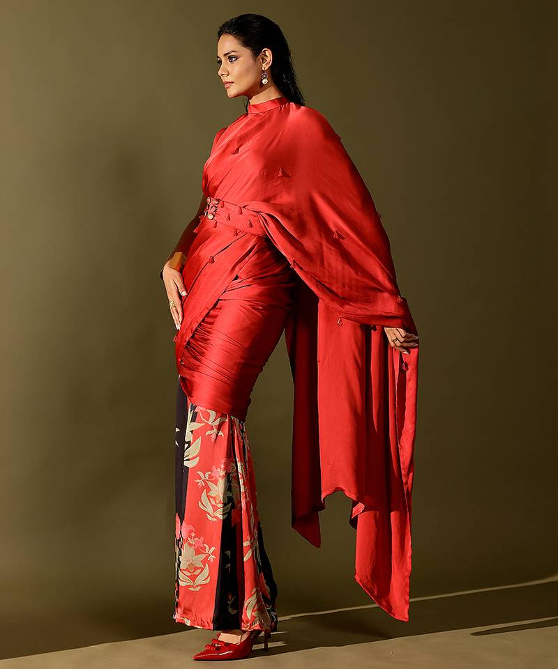 Red printed georgette saree