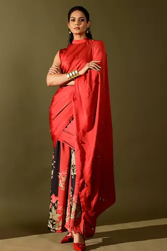 Red printed georgette saree