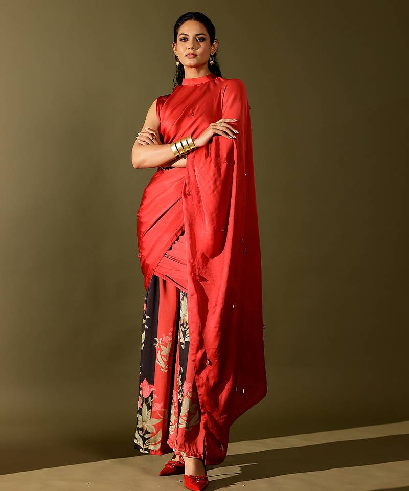 Red printed georgette saree