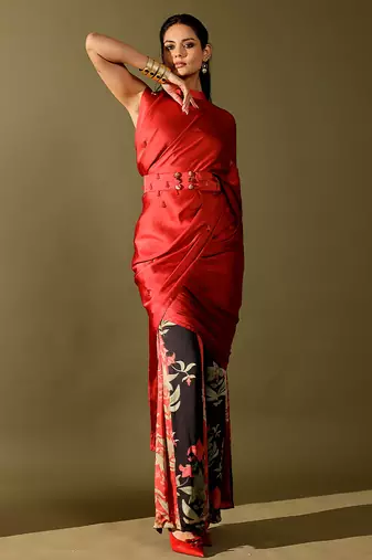 Red printed georgette saree