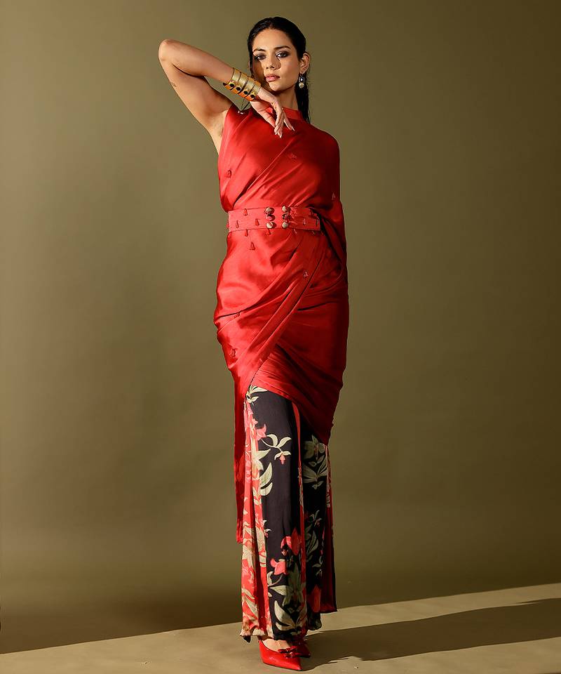 Red printed georgette saree