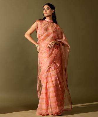Pink printed organza saree 1