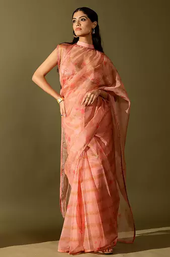 Pink printed organza saree
