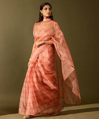 Pink printed organza saree 2