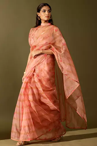 Pink printed organza saree