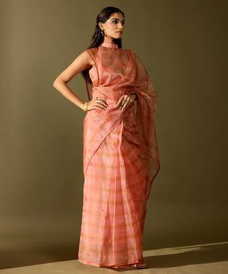 Pink printed organza saree 3