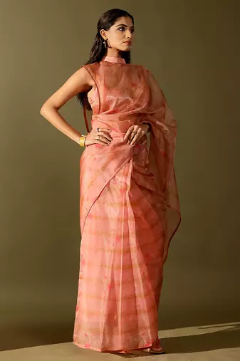 Pink printed organza saree