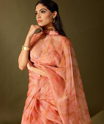 Pink printed organza saree 4