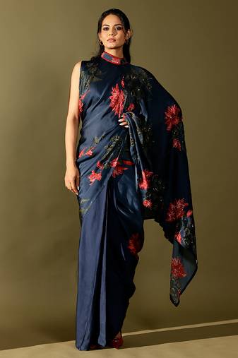 Blue embroidered georgette saree