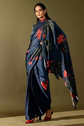 Blue embroidered georgette saree