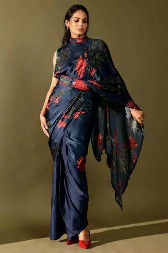 Blue embroidered georgette saree