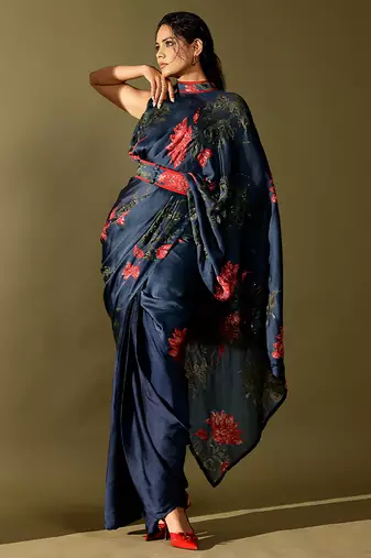 Blue embroidered georgette saree