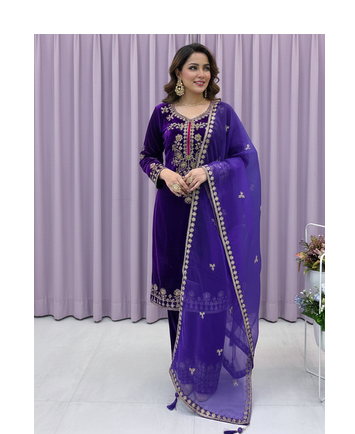 Purple Color Velvet Suit With Dupatta Designer Palazzo  1