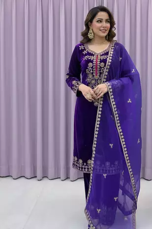 Purple Color Velvet Suit With Dupatta Designer Palazzo 