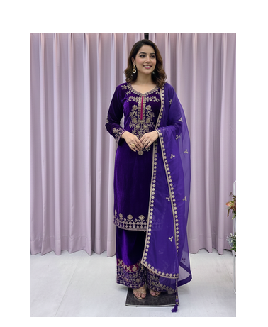 Purple Color Velvet Suit With Dupatta Designer Palazzo  2