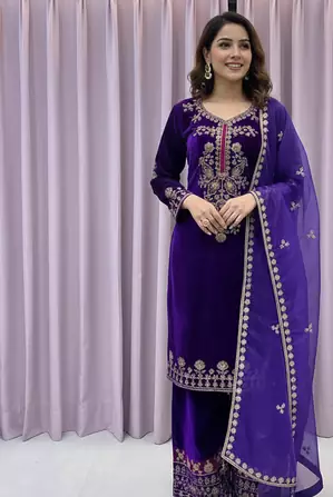 Purple Color Velvet Suit With Dupatta Designer Palazzo 