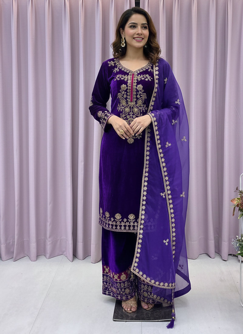 Purple Color Velvet Suit With Dupatta Designer Palazzo 
