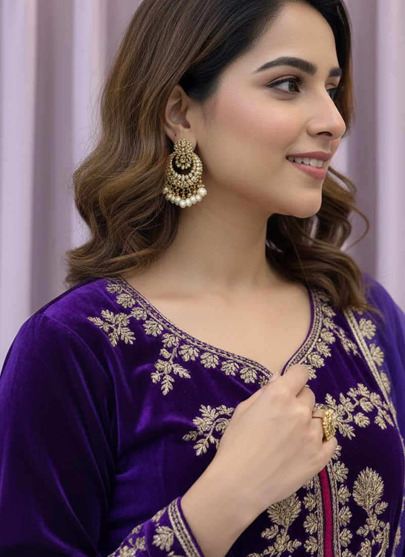 Purple Color Velvet Suit With Dupatta Designer Palazzo 