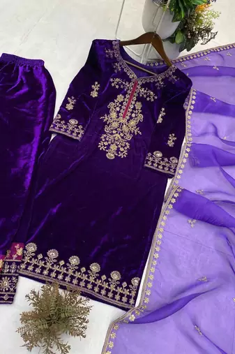 Purple Color Velvet Suit With Dupatta Designer Palazzo 