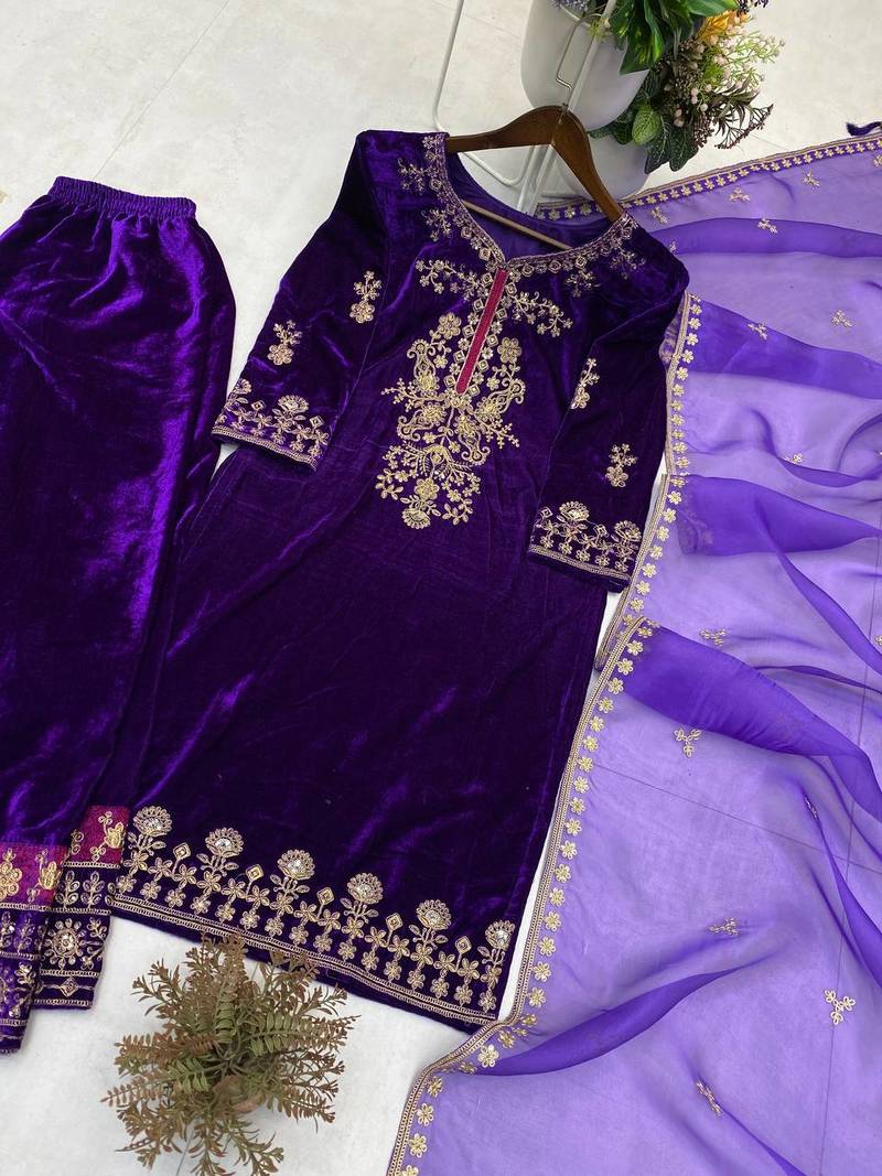 Purple Color Velvet Suit With Dupatta Designer Palazzo 