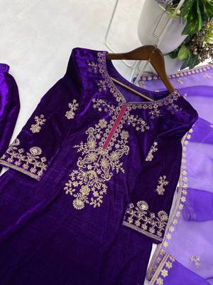 Purple Color Velvet Suit With Dupatta Designer Palazzo  5
