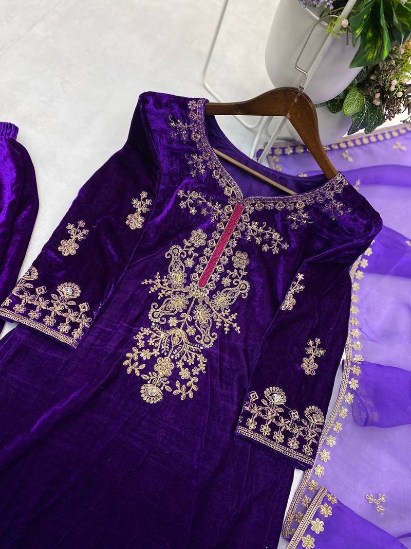 Purple Color Velvet Suit With Dupatta Designer Palazzo 