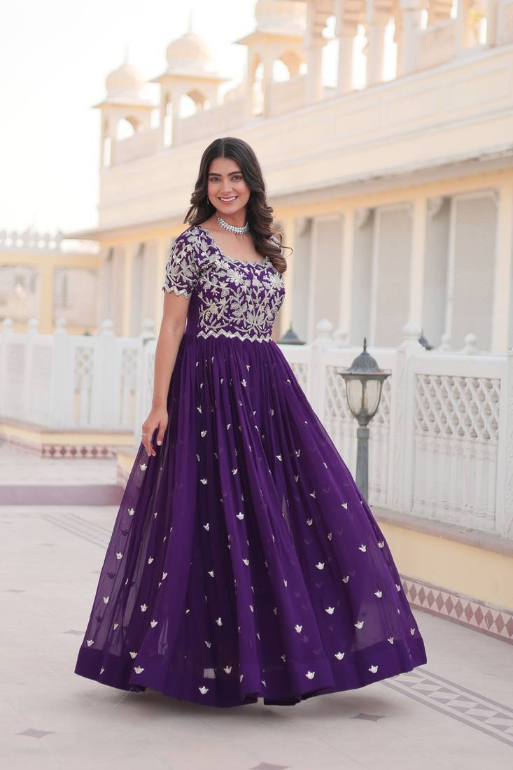 Purple Faux Blooming Sequin & Embroidered Gown    