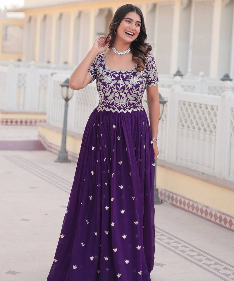 Purple Faux Blooming Sequin & Embroidered Gown    