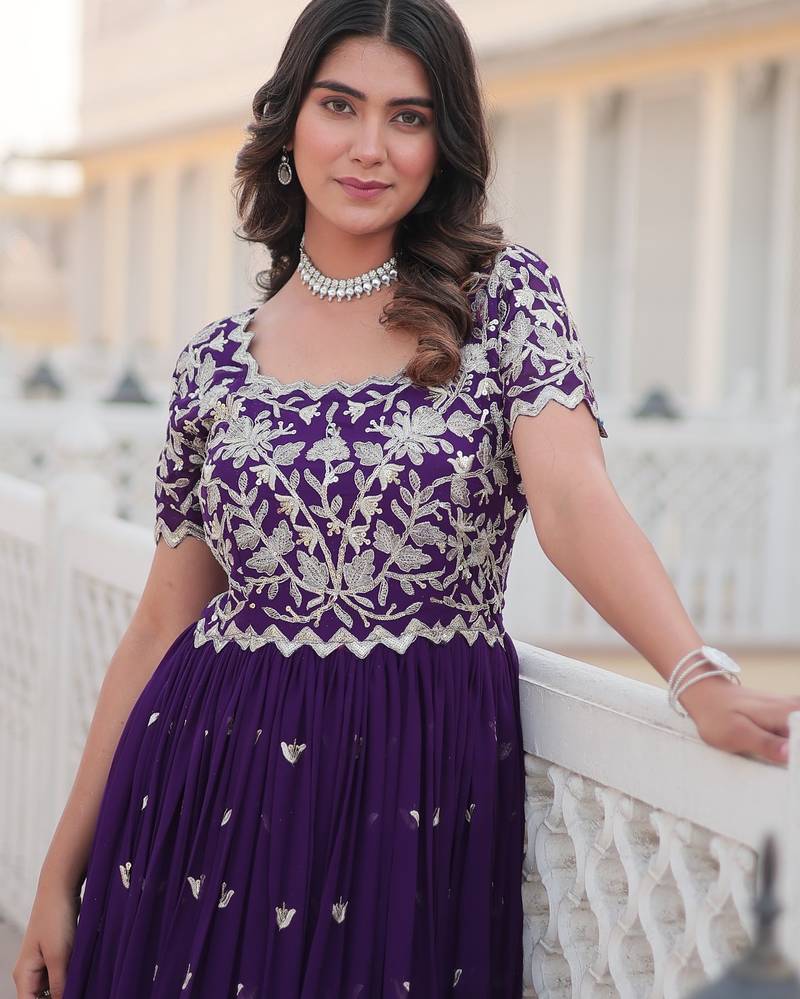 Purple Faux Blooming Sequin & Embroidered Gown    