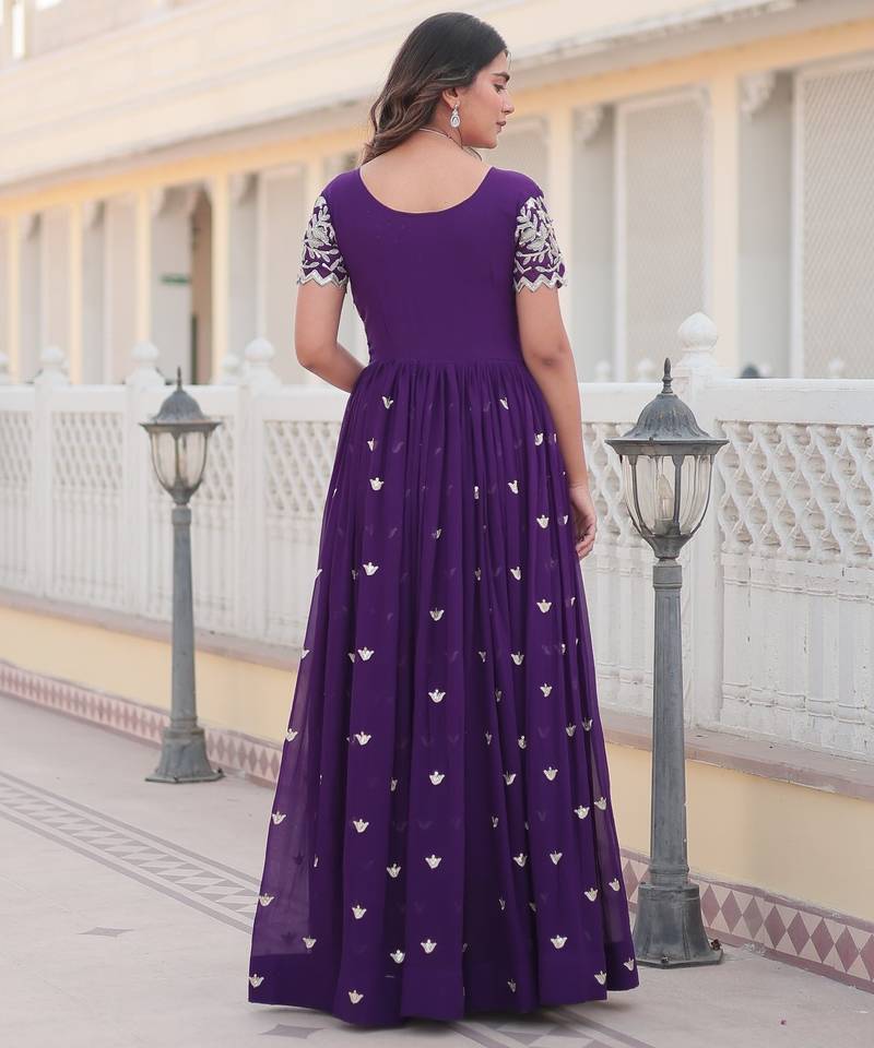 Purple Faux Blooming Sequin & Embroidered Gown    